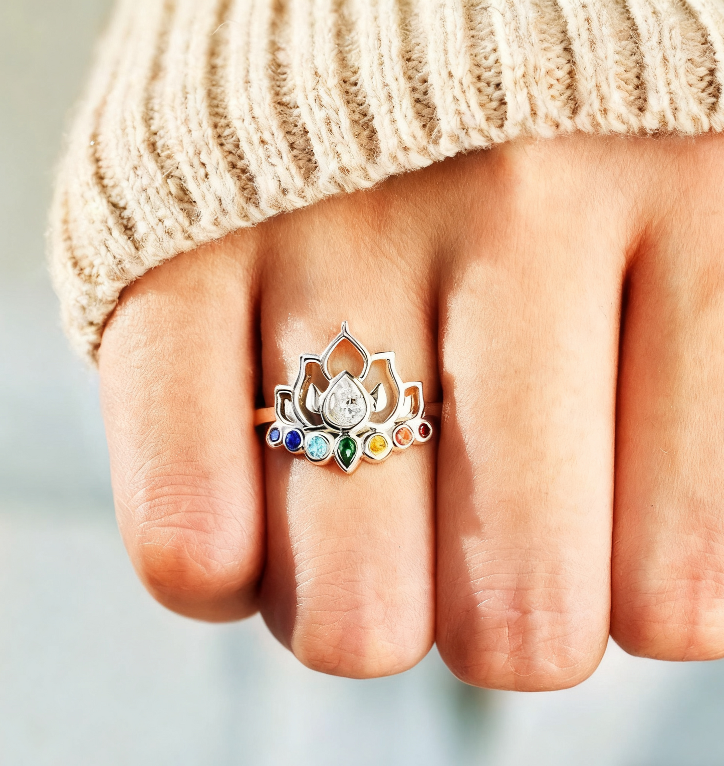 Silver Lotus Zircon Rhyme Ring