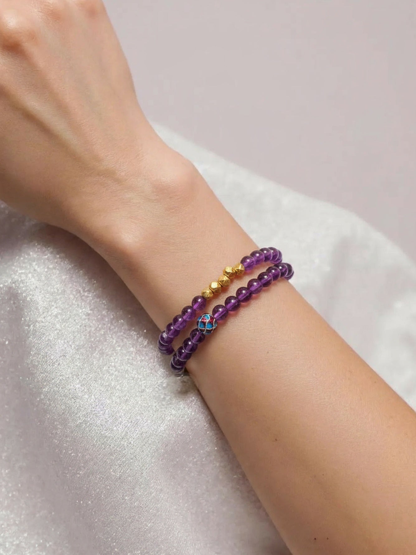 Serene Charm - Amethyst Gold-Plated Bead Lotus Charm Bracelet