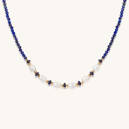 Pearl Reflects Lapis Sky – Lapis Lazuli & Pearl Necklace - Muditalume.online store